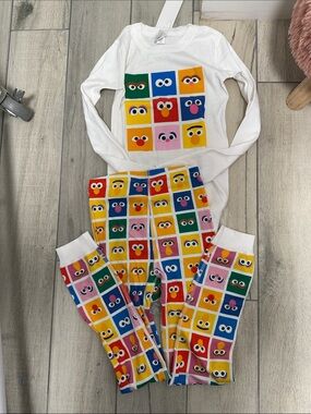 Hanna Anderson Sesame Street White Pajama Set with Multicolor Cartoon Squares